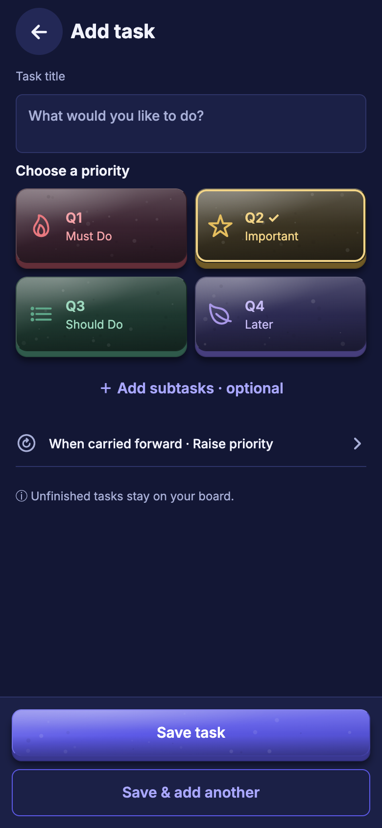 Focus Four Add task screen in navy theme