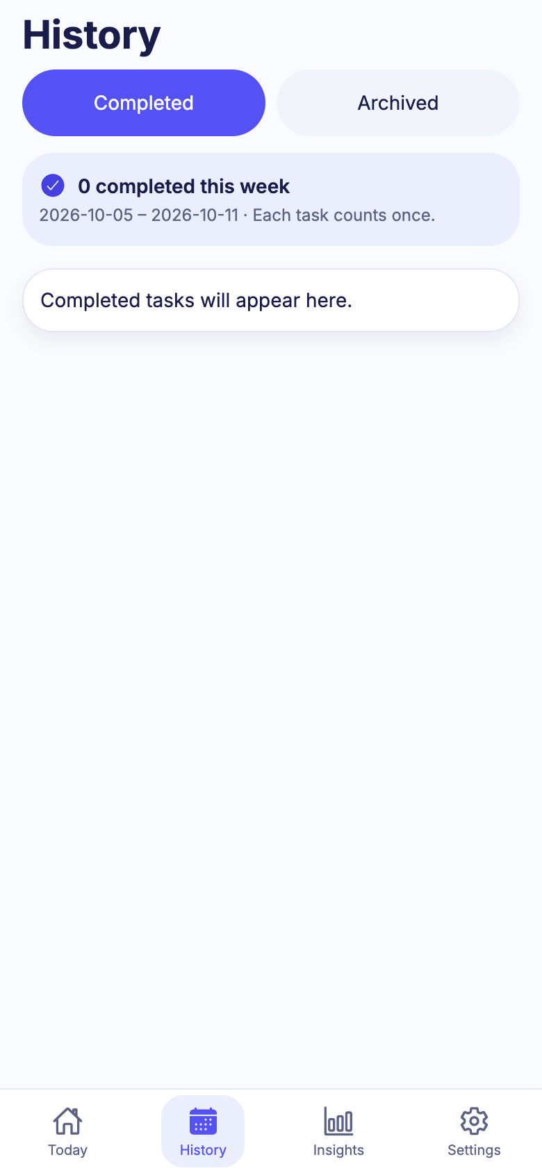 Current History screen before any task has been completed