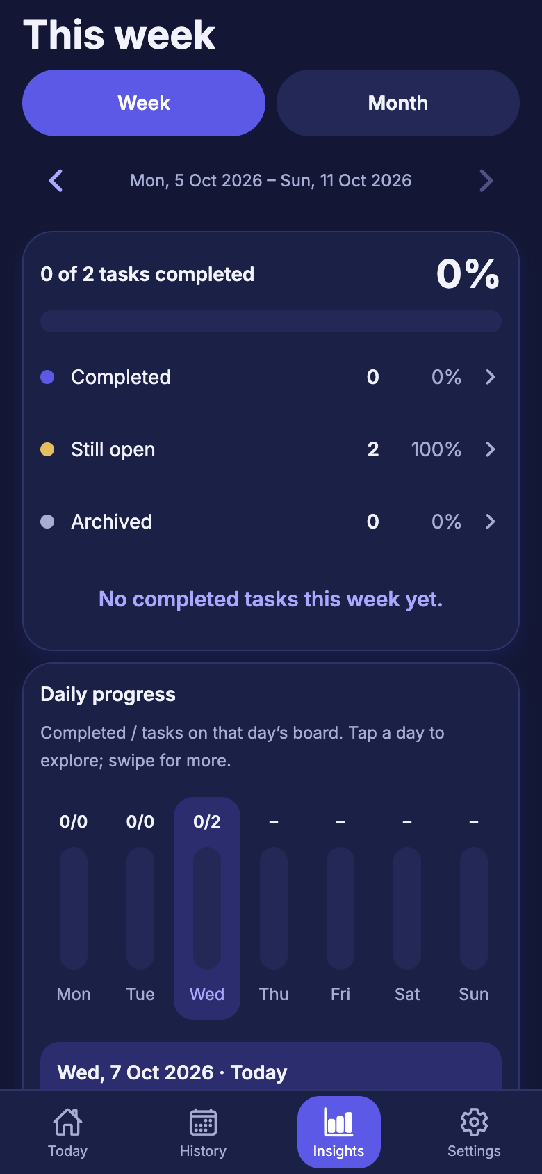 Insights screen, navy theme