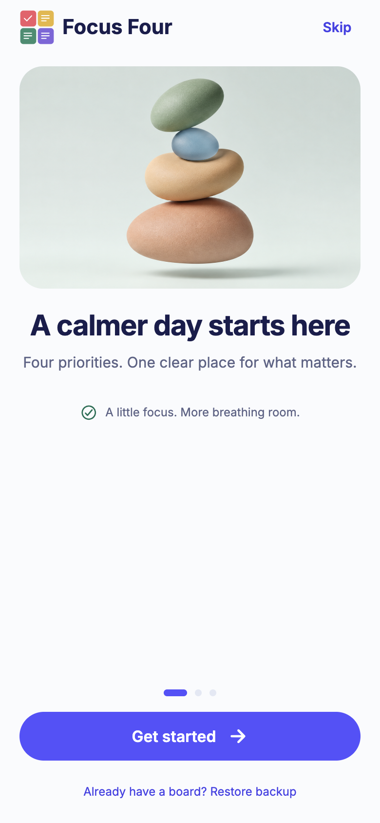 Current Focus Four onboarding screen