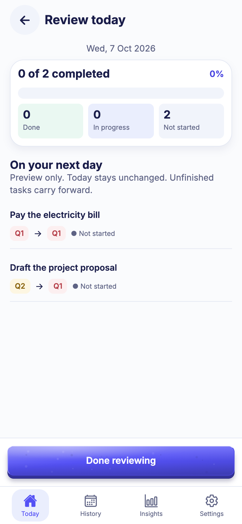 Review today screen with progress and tasks carried to the next day