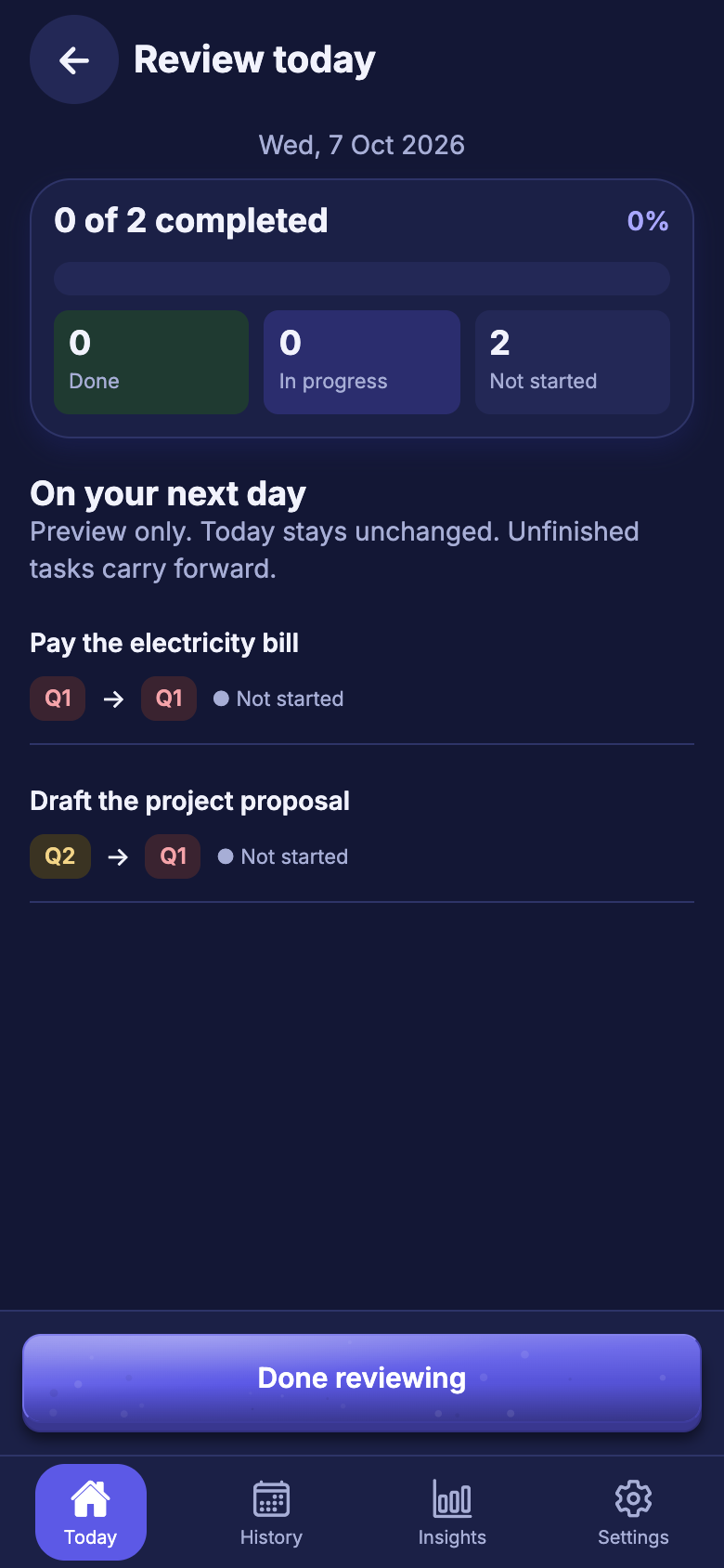 Current Review today screen in navy theme