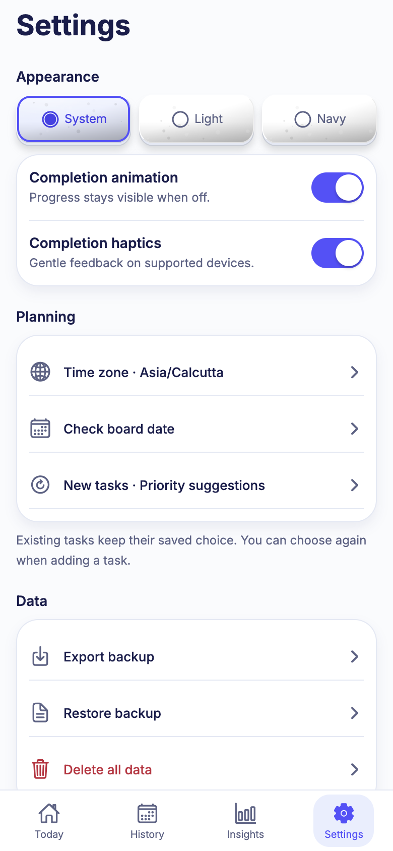 Settings screen, light theme