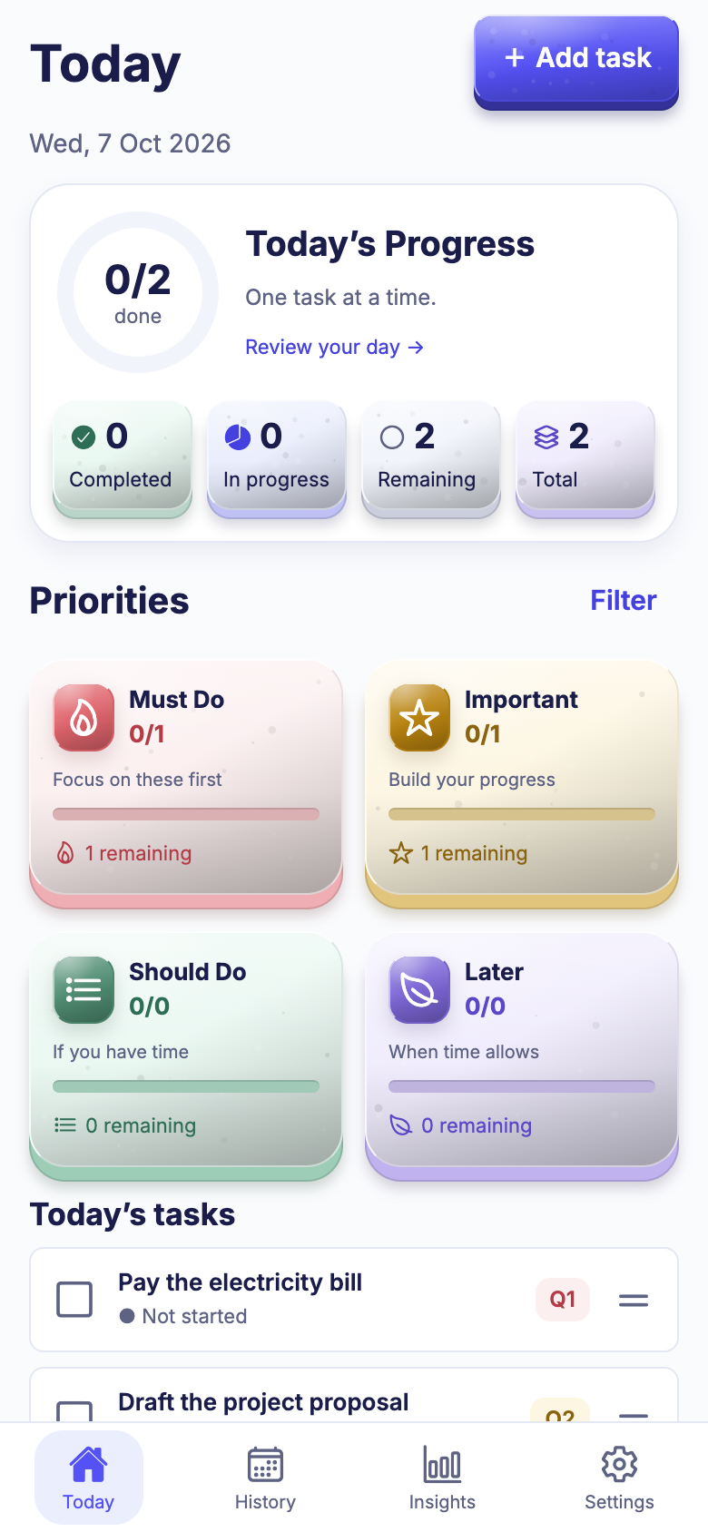 Focus Four Today board with four priority cards and tasks